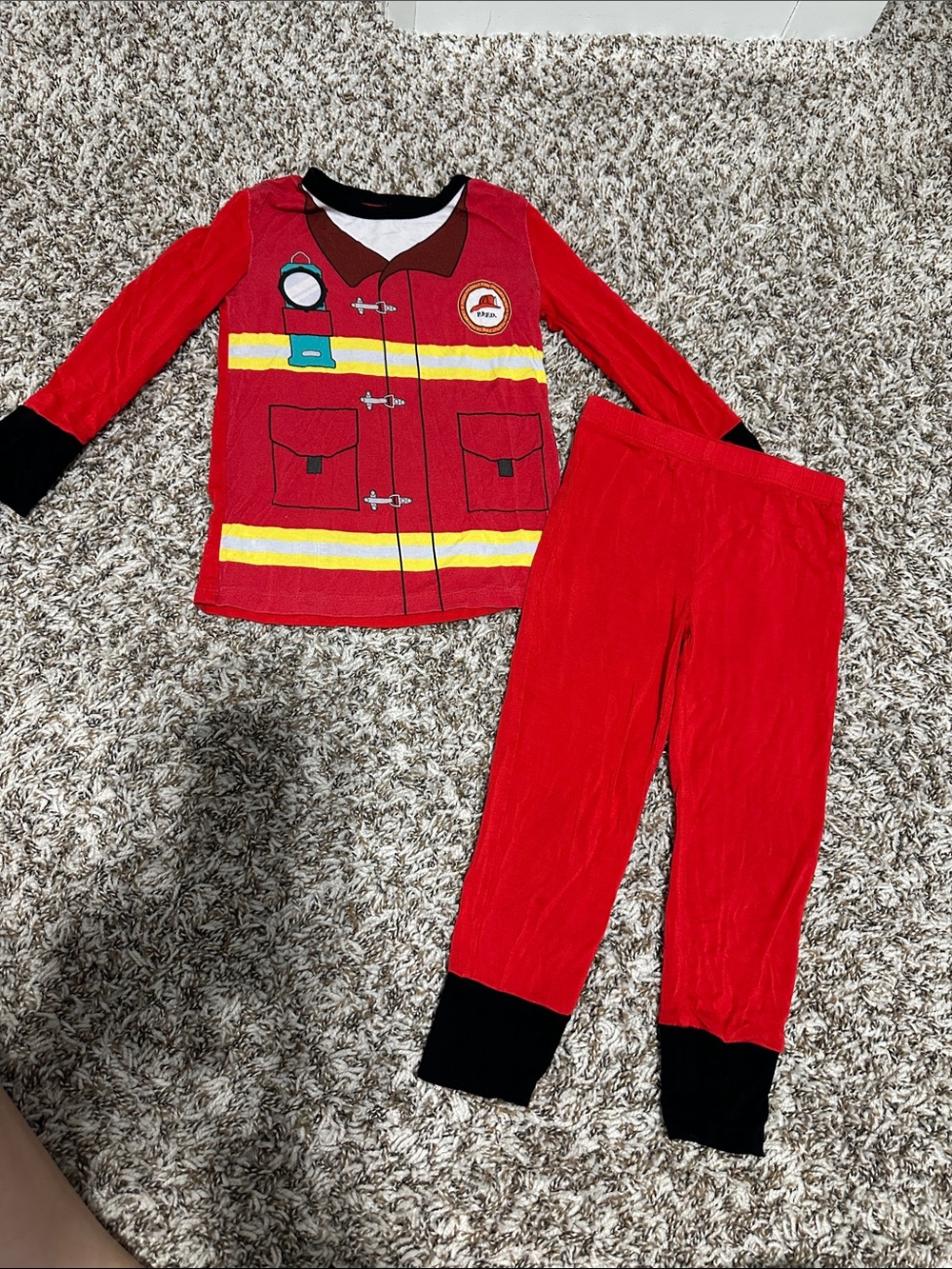 Posh Peanut Red Firefighter-Themed Kids Pajama Set with Yellow Striping